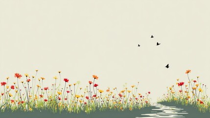 Pastel-colored field of wildflowers and a stream