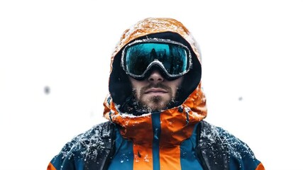 Man wearing orange and blue winter jacket with snow goggles and hood covered in snowflakes, standing in cold snow covered outdoor environment with beard, showing focus and determination in winter snow - Powered by Adobe