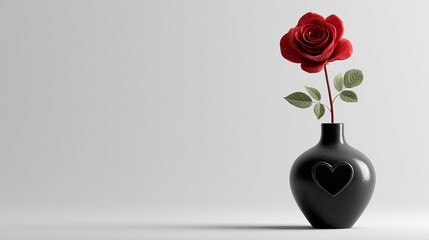 A single red rose with green leaves in a black vase with a heart on a white background studio shot