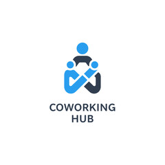 Abstract Coworking Hub Logo with Interlocking Figures in Blue and Dark Gray.