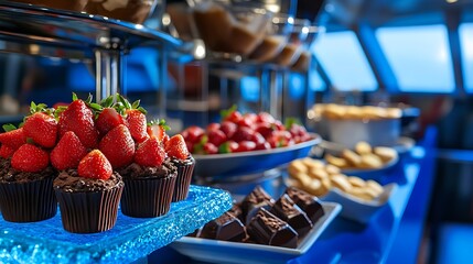Tempting dessert buffet featuring chocolate cupcakes and fresh strawberries invites indulgence
