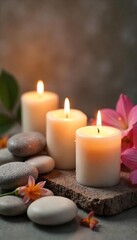 Luxurious Spa Candle Scene Aromatic Candles, Smooth Stones, and Calming Floral Accents Create a Peaceful Atmosphere Perfect for Relaxation and Self-Care.