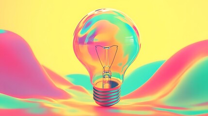 A vibrant light bulb glows with iridescent colors against a bright yellow backdrop
