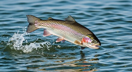 Obraz premium Vibrant Rainbow Trout Leaping Out Of Water Dynamic Wildlife Fish Action