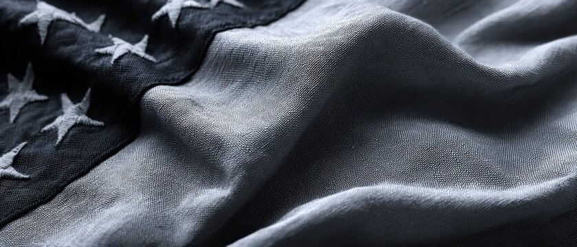 Closeup of textured fabric with embroidered stars in shades of gray, creating a subtle patriotic textile pattern and design