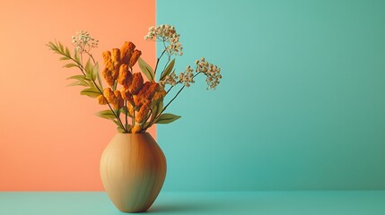 Still life displays beautiful flowers in a wood vase against a modern color blocked background