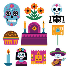 Naklejka premium 2d vector Mexico festival Day of the Dead Culture and traditions decorations a skull, candle. 