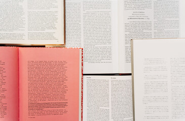 Obraz premium Open books arranged flat and shot from above. Focus on paper texture and typography. Educational and aesthetic