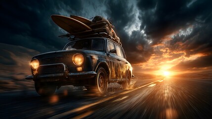 Road trip adventure car with surfboards sunset landscape