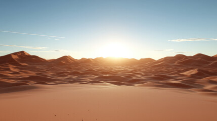 Naklejka premium Desert landscape with soft sand dunes, long shadows, golden sunlight, clear sky, peaceful, natural beauty, arid terrain
