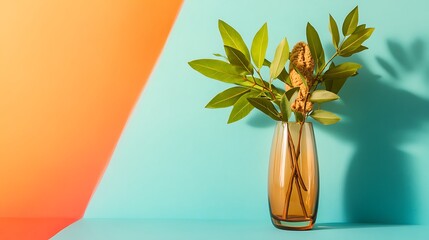 Simple plant arrangement in a glass vase against a split color background exudes modern decor.