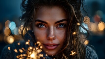 Sparkler portrait of young woman at night
