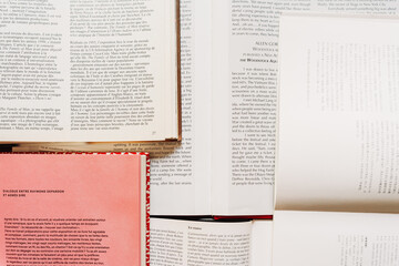 Fototapeta premium Open books arranged flat and shot from above. Focus on paper texture and typography. Educational and aesthetic