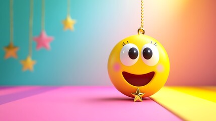 Cheerful yellow emoticon with happy expression and star accents in a playful setting