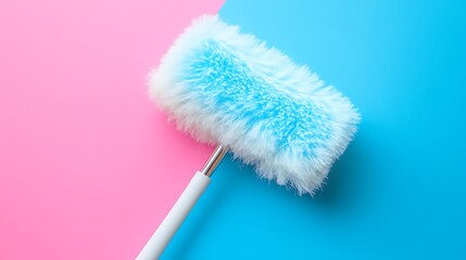 Fluffy duster against a vibrant pink and blue background, ready for spring cleaning or home maintenance