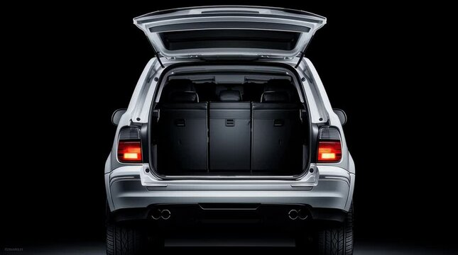 Silver rear view SUV car shows its hatchback open with illuminated tail lights and spacious cargo area in a dark studio photography