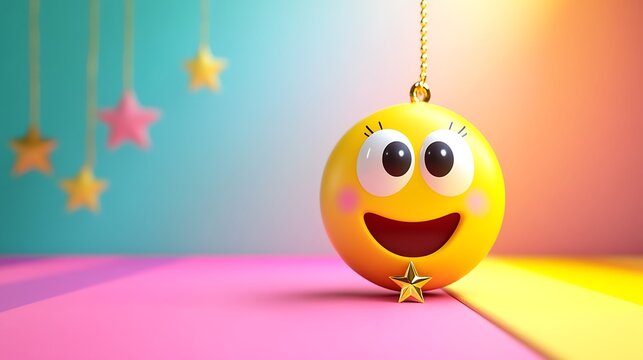 Cheerful yellow emoticon with happy expression and star accents in a playful setting