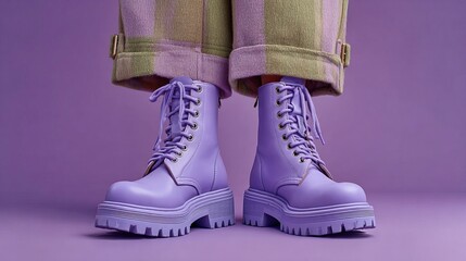 A pair of purple chunky boots with laces and green and purple pants on a purple background scene view