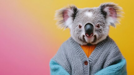 Adorable koala bear wearing a cozy cardigan sweater against a vibrant pink and yellow background.
