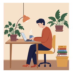 A smiling young man comfortably works from home on his laptop, surrounded by lush green houseplants in a modern, cozy office.