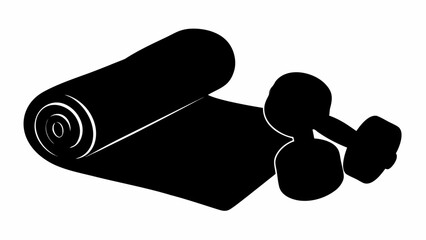 A black and white illustration of a rolled up mat with a pair of dumbbells resting on the side in monochrome