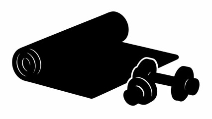 A black and white illustration of a rolled up yoga mat and a dumbbell for fitness and exercise equipment