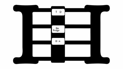Black and white illustration of a status board with td in progr and dn labels in a stylized design frame