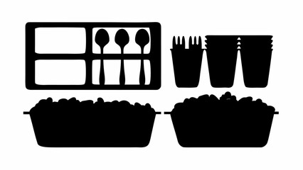 A black and white image showing a tray with spoons, two containers, and a stack of cups and forks set
