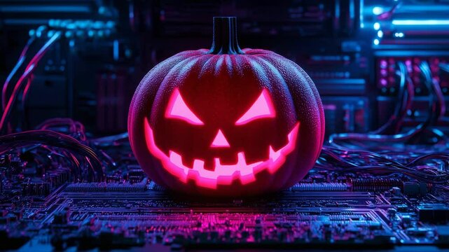 Halloween in the future concept.A glowing neon jack-o'-lantern sits on an illuminated computer motherboard surrounded by colorful wires.