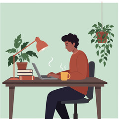 A smiling young man comfortably works from home on his laptop, surrounded by lush green houseplants in a modern, cozy office.