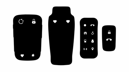 Four stylized black remote controls with various icons and symbols on a white background design layout