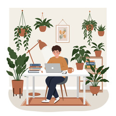A smiling young man comfortably works from home on his laptop, surrounded by lush green houseplants in a modern, cozy office.