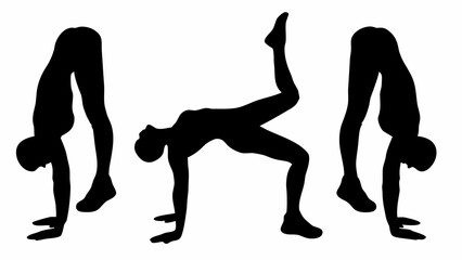 Silhouette of three figures performing different yoga poses against a white background in a studio setting