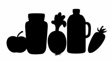 Silhouette composition featuring an apple, jar, turnip, bottle, and carrot arranged in a row on white