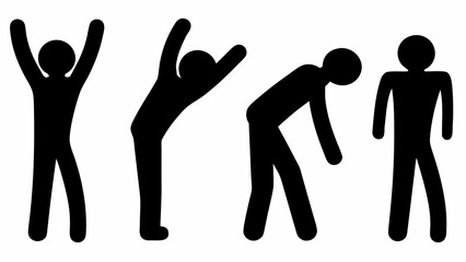 Four black stick figures in various poses including arms raised bending over and standing upright posture