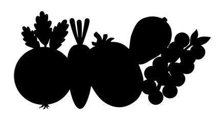 Silhouette illustration of assorted vegetables and fruits including beets carrots and grapes in black