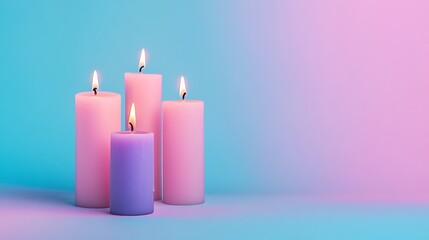 Lit candles provide a peaceful ambiance with their soft glow and vibrant pastel colors