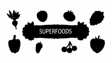 Silhouette illustration of superfoods including beet, mango, tomato, and various berries on white background
