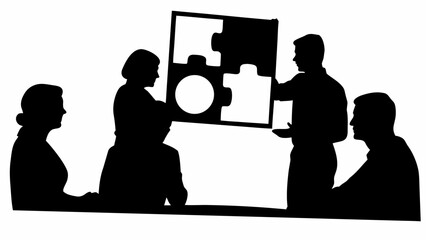 Silhouette of a group of people assembling a puzzle piece board during a meeting collaboration session