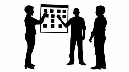 Silhouette of three people planning with a calendar on the wall, in black and white presentation style