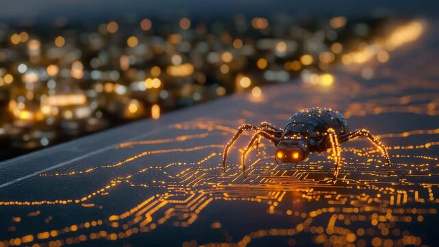 Halloween in the future concept.A robotic spider walks on a glowing circuit board, symbolizing technology and cybersecurity in a futuristic setting.