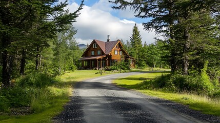 Serene cabin nestled among lush green trees along a gravel path in a forested landscape