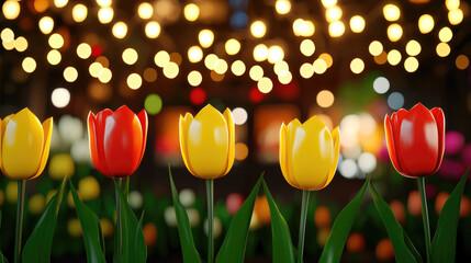 Yellow and red tulips in bloom with green leaves, glowing bokeh lights in background, spring garden evening atmosphere