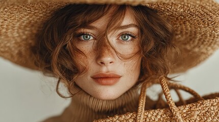 Close up portrait of a woman with freckles wearing a straw hat and holding a woven bag looking at camera