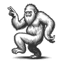 Dancing Yeti sketch engraving generative ai fictional character vector illustration. Scratch board imitation. Black and white image.