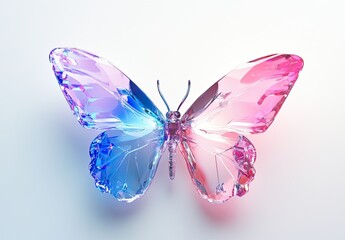 3D crystal butterfly, pink and blue gradient color, white background