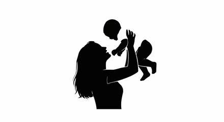 Mother Lifting Baby Silhouette Isolated on White Background, Happy Mom Playing with Child Vector Illustratio