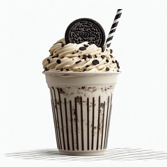 A delicious oreo milkshake with whipped cream and a straw on a white background, close up shot