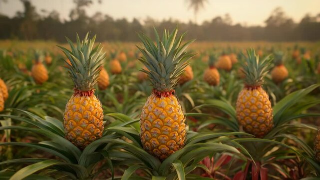 Pineapple fruit growing tropical farm field with green leaf warm sunlight during sunset, fresh ripe yellow pineapples ready for harvest showcasing natural agriculture environment and peaceful