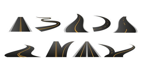 Winding road. Journey traffic curved highway. Road to horizon in perspective. Winding asphalt empty line isolated vector concept.